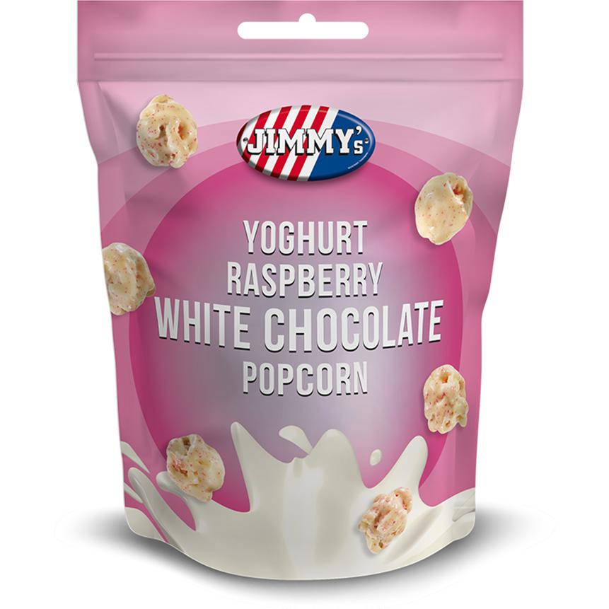 Jimmy's Pop Corn Yoghurt Raspberry White Chocolate 12 x 120g DDM 2025-04